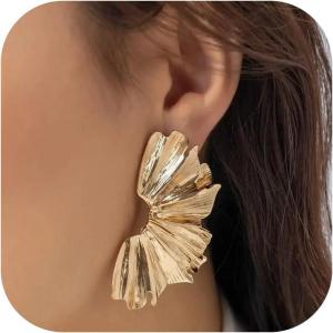 imageGold Clip On Earrings for Women Trendy Non Piercing Flower Dangle Earrings Floral Earring 14K Gold Plated Lightweight Earrings for NonPierced Ears Fake Earrings SetLeaf