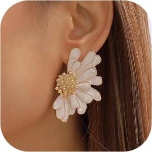 imageGold Clip On Earrings for Women Trendy Non Piercing Flower Dangle Earrings Floral Earring 14K Gold Plated Lightweight Earrings for NonPierced Ears Fake Earrings SetDaisy Flower