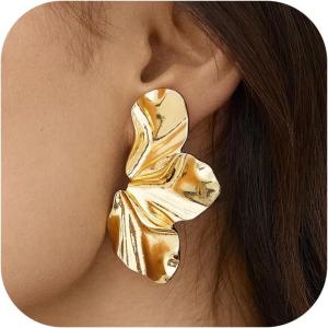 imageGold Clip On Earrings for Women Trendy Non Piercing Flower Dangle Earrings Floral Earring 14K Gold Plated Lightweight Earrings for NonPierced Ears Fake Earrings SetGold Tone Flower