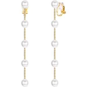 imageORAZIO Clip On EarringsPearl Clip on Earrings for Women Long Pearl Drop Dangle EarringsLightweight Bow Heart CZ Clip On Hoop Earrings  Statement Fake Earrings Ear Clips Jewelry for Wedding BridalGoldStraight Long Chain