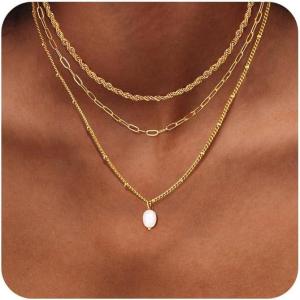imageORAZIO Gold Necklaces for WomenLayered Gold Necklace14K Gold Plated Pendant NecklacesSimple Choker Necklaces Set Dainty Gold Chain NecklacesTrendy Gold Stacked Jewelry Gifts for Women3PcsTwist  Paperclip  Pearl