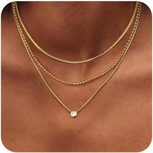 imageORAZIO Gold Necklaces for WomenLayered Gold Necklace14K Gold Plated Pendant NecklacesSimple Choker Necklaces Set Dainty Gold Chain NecklacesTrendy Gold Stacked Jewelry Gifts for Women3PcsHerringbone  Bead  CZ