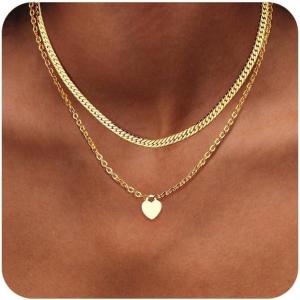 imageORAZIO Gold Necklaces for WomenLayered Gold Necklace14K Gold Plated Pendant NecklacesSimple Choker Necklaces Set Dainty Gold Chain NecklacesTrendy Gold Stacked Jewelry Gifts for Women2PcsCuban  Heart