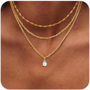 imageORAZIO Gold Necklaces for WomenLayered Gold Necklace14K Gold Plated Pendant NecklacesSimple Choker Necklaces Set Dainty Gold Chain NecklacesTrendy Gold Stacked Jewelry Gifts for Women3PcsWave  Twist  CZ