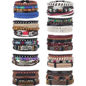 imageORAZIO Mens BraceletBraided Leather Bracelets for Men WomenTribal Handmade Wood Wrap Cuff Wristband Bracelets Set AdjustableBStyle 2