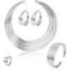 imageORAZIO Bib Choker Statement Necklaces for Women Cuff Bracelet Open Hoop Stud Earrings Ring African Chunky Costume Jewelry SetBSilver Tone