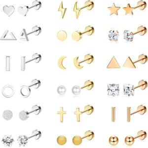 image18 Pairs Surgical Stainless Steel Stud Earrings For Women Men 20G Cartilage Earrings Studs Cross Moon Star Small Stud Earrings Black Gold Screw Flat Back Earrings Ear Piercing Studs SetE Mixed Colors