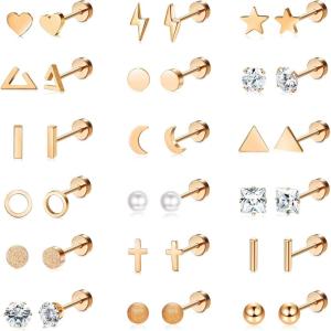 image18 Pairs Surgical Stainless Steel Stud Earrings For Women Men 20G Cartilage Earrings Studs Cross Moon Star Small Stud Earrings Black Gold Screw Flat Back Earrings Ear Piercing Studs SetD Rose Gold