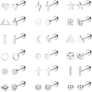 image18 Pairs Surgical Stainless Steel Stud Earrings For Women Men 20G Cartilage Earrings Studs Cross Moon Star Small Stud Earrings Black Gold Screw Flat Back Earrings Ear Piercing Studs SetB Silver Tone