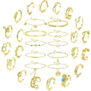 imageORAZIO 30PCS Anklet Toe Rings Silver Rose Gold Plated Toe Rings Ankle Bracelets For Women Cute Anklets Open Tail Rings Adjustable Summer Beach Foot JewelryGold Tone