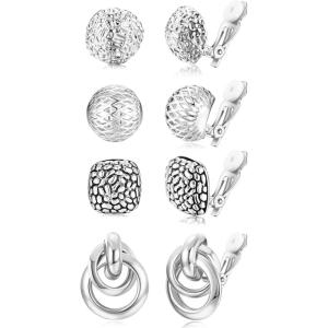 imageORAZIO 4Pairs Clip On Earrings for Women Gold Silver Clip On Hoop Earrings Chunky Teardrop Clip Earrings Twist Round Clip On Stud Earrings No Piercing Fake Earrings SetSilver Tone