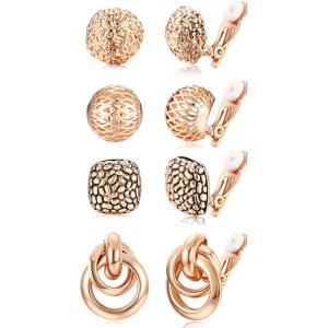 imageORAZIO 4Pairs Clip On Earrings for Women Gold Silver Clip On Hoop Earrings Chunky Teardrop Clip Earrings Twist Round Clip On Stud Earrings No Piercing Fake Earrings SetRose Gold