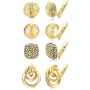 imageORAZIO 4Pairs Clip On Earrings for Women Gold Silver Clip On Hoop Earrings Chunky Teardrop Clip Earrings Twist Round Clip On Stud Earrings No Piercing Fake Earrings SetGold Tone