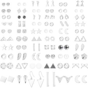 imageORAZIO 60 Pairs Stud Earrings for WomenHypoallergenic Stud Earrings Set GoldSilver Small Earrings Multiple Assorted CZ Pearl Heart Star Cartilage Helix Stud Earrings Pack for Multiple PiercingsSliver Tone