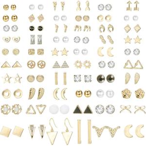 imageORAZIO 60 Pairs Stud Earrings for WomenHypoallergenic Stud Earrings Set GoldSilver Small Earrings Multiple Assorted CZ Pearl Heart Star Cartilage Helix Stud Earrings Pack for Multiple PiercingsGold Tone