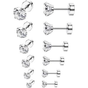 imageORAZIO 6Pairs Hypoallergenic Flat Back Earrings 316L Stainless Steel Studs for Sensitive Ears 38mm Cubic Zirconia Stylish Jewelry for Women Men  SilverB 6 Pairs White 20G08MM