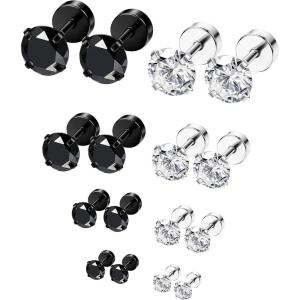 imageORAZIO 6Pairs Hypoallergenic Flat Back Earrings 316L Stainless Steel Studs for Sensitive Ears 38mm Cubic Zirconia Stylish Jewelry for Women Men  SilverC 8 Pairs