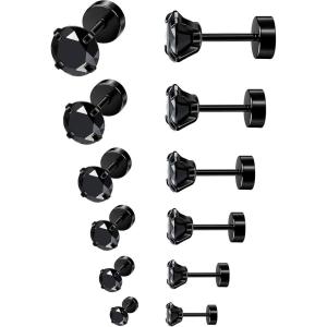 imageORAZIO 6Pairs Hypoallergenic Flat Back Earrings 316L Stainless Steel Studs for Sensitive Ears 38mm Cubic Zirconia Stylish Jewelry for Women Men  SilverB6 Pairs Black