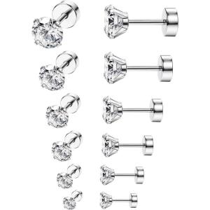 imageORAZIO 6Pairs Hypoallergenic Flat Back Earrings 316L Stainless Steel Studs for Sensitive Ears 38mm Cubic Zirconia Stylish Jewelry for Women Men  SilverA6 Pairs White