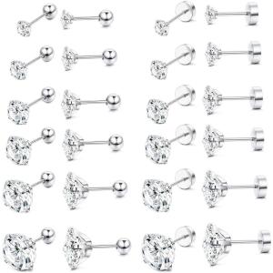 imageORAZIO 6Pairs Hypoallergenic Flat Back Earrings 316L Stainless Steel Studs for Sensitive Ears 38mm Cubic Zirconia Stylish Jewelry for Women Men  SilverE12 Pairs White 20G08MM
