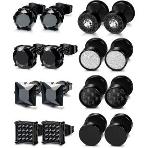 imageORAZIO 8 Pairs Stainless Steel Black CZ Stud Earrings Set for Men Women Silver Cubic Zirconia Barbell EarringsBlack