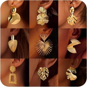 imageORAZIO 9 Pairs Clip on Earrings Gold Statement Earrings for Women Exaggerated Trapezoid Dangle Clip on Earrings Gold Geometric Leaf Round Retro Drop Clip Earrings Unpierced EarsGold Tone