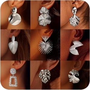 imageORAZIO 9 Pairs Clip on Earrings Gold Statement Earrings for Women Exaggerated Trapezoid Dangle Clip on Earrings Gold Geometric Leaf Round Retro Drop Clip Earrings Unpierced EarsSilver Tone