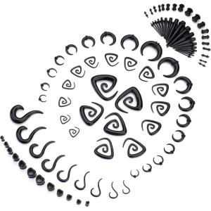imageORAZIO 93 Pcs Ear Gauges Stretching Kit 14G00G Ear Gauges Expander Set Acrylic Spiral Tapers and Plugs Gauges for Ears Silicone Snail Tunnels Horseshoes Body Piercing Jewelry SetBlack