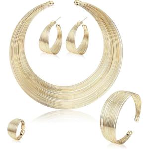 imageORAZIO Bib Choker Statement Necklaces for Women Cuff Bracelet Open Hoop Stud Earrings Ring African Chunky Costume Jewelry SetAGold Tone