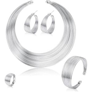 imageORAZIO Bib Choker Statement Necklaces for Women Cuff Bracelet Open Hoop Stud Earrings Ring African Chunky Costume Jewelry SetBSilver Tone