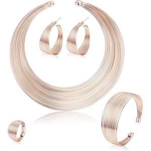 imageORAZIO Bib Choker Statement Necklaces for Women Cuff Bracelet Open Hoop Stud Earrings Ring African Chunky Costume Jewelry SetCRose Gold Tone