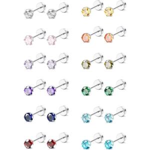 imageORAZIO CZ Stud Earrings for Women Men Stainless Steel Cubic Zirconia Screwback Earrings SetB4MM CZ
