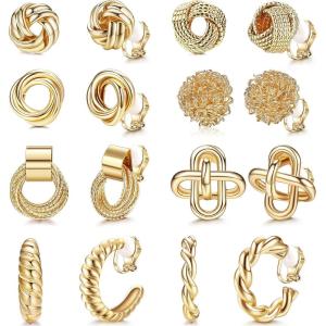 imageORAZIO Clip On Earrings Set  8 Pairs Gold ampamp Silver Hoops ampamp Studs NonPierced Fake EarringsAGold Tone