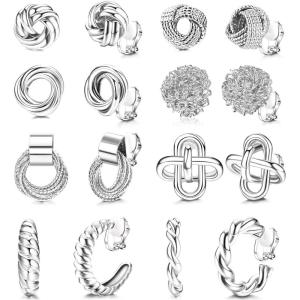 imageORAZIO Clip On Earrings Set  8 Pairs Gold ampamp Silver Hoops ampamp Studs NonPierced Fake EarringsBSilver Tone