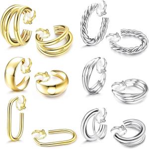 imageORAZIO Clip On Earrings for Women 6Pairs Gold Clip On Hoop Earrings For Egirls Chunky Hoops Twist Triple Square Hoop Earrings No Piercing Fake Earrings SetGoldSilver