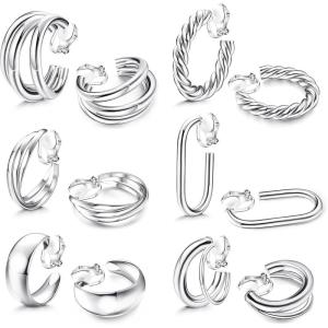 imageORAZIO Clip On Earrings for Women 6Pairs Gold Clip On Hoop Earrings For Egirls Chunky Hoops Twist Triple Square Hoop Earrings No Piercing Fake Earrings SetSliver Tone