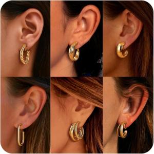 imageORAZIO Clip On Earrings for Women 6Pairs Gold Clip On Hoop Earrings For Egirls Chunky Hoops Twist Triple Square Hoop Earrings No Piercing Fake Earrings SetGold Tone