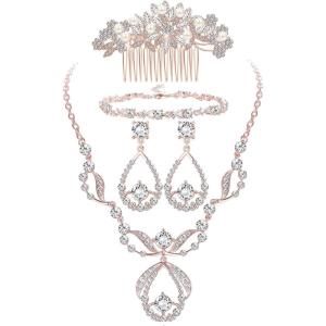 imageORAZIO Crystal Bridal Jewelry Set for Prom Wedding Bride Bridesmaids Vintage Rhinestone Necklace Earrings Bracelet Comb for WomenARose Gold Tone