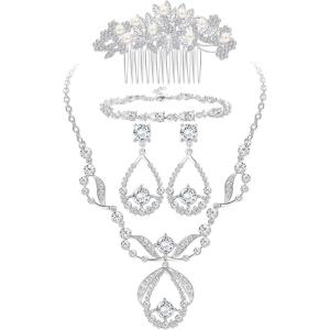 imageORAZIO Crystal Bridal Jewelry Set for Prom Wedding Bride Bridesmaids Vintage Rhinestone Necklace Earrings Bracelet Comb for WomenBSilver Tone