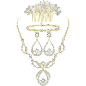 imageORAZIO Crystal Bridal Jewelry Set for Prom Wedding Bride Bridesmaids Vintage Rhinestone Necklace Earrings Bracelet Comb for WomenCGold Tone