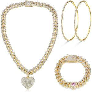 imageORAZIO Cuban Link Chain Jewelry Set Cuban Chain Necklace Cuban Link Bracelet Rhinestone Hoop Earrings GoldSilver Iced Out Chain Heart CZ Clear Cuban Link Chain Big Circle Earrings Hip Hop Cuban Link Chain For WomenGold