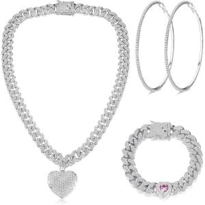imageORAZIO Cuban Link Chain Jewelry Set Cuban Chain Necklace Cuban Link Bracelet Rhinestone Hoop Earrings GoldSilver Iced Out Chain Heart CZ Clear Cuban Link Chain Big Circle Earrings Hip Hop Cuban Link Chain For WomenSilver
