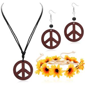 imageORAZIO Hippie Costume Set for Women Peace Sign Necklace Peace Sign Earring Flower Crown Headband 60s 70s Party Accessories Jewelry SetColor 1