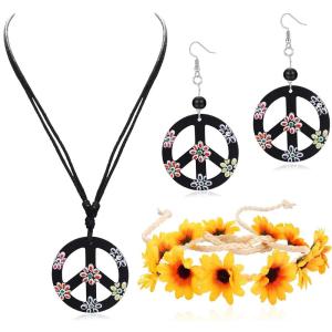 imageORAZIO Hippie Costume Set for Women Peace Sign Necklace Peace Sign Earring Flower Crown Headband 60s 70s Party Accessories Jewelry SetColor 2
