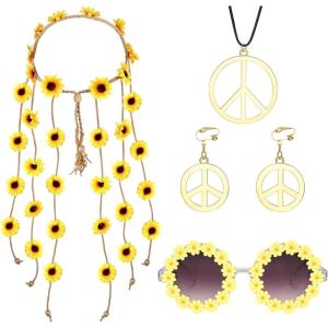 imageORAZIO Jewelry Set 5Pcs Hippie Accessories for Women Sunflower Hippie Costume Accessories Set Vintage 70s Headband Retro Hippie Glasses Peace Sign Earrings and Necklace For 60s 70s PartyYellow Sunflower Headband
