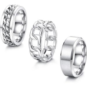 imageORAZIO Mens Rings 3Pcs Silver Rings for Men Women Stainless Steel Plain Band Ring Cuban Link Chain Rings Spinner Ring Mens Promise Wedding Rings SetSize 614ASilverTone