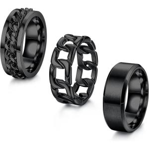 imageORAZIO Mens Rings 3Pcs Silver Rings for Men Women Stainless Steel Plain Band Ring Cuban Link Chain Rings Spinner Ring Mens Promise Wedding Rings SetSize 614BBlackTone