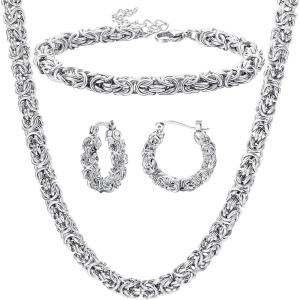 imageORAZIO Stainless Steel Byzantine Chain Necklace Bracelet Earrings for Women Jewelry SetA Sliver Tone