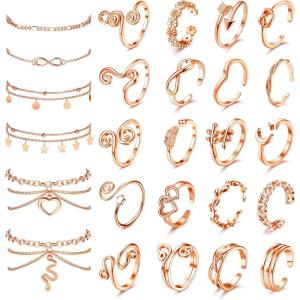imageORAZIO Toe Rings and Ankle Bracelets for Women Silver Rose Gold Plated Anklet Toe Rings Cute Layered Anklets Open Tail Rings Adjustable Beach Foot Jewelry for SummerRose Gold