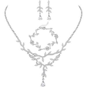 imageORAZIO Wedding Bridal Jewelry for Women Crystal Necklace Dangle Earrings Bracelet Sets For Bride Bridesmaids Rhinestone Prom Costume Jewelry Set for WomenBSilver Tone